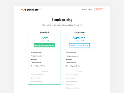 Screenhero pricing page pricing responsive screenhero webdesign