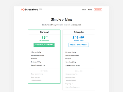 Screenhero pricing page