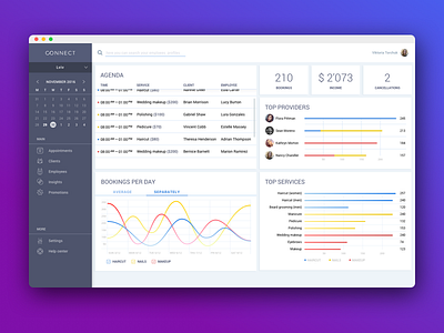 Connect agenda app booking calendar dashboard graphics menu statistics ui ux