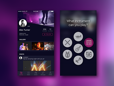 GigStream app instruments ios menu music network profile social ui ux