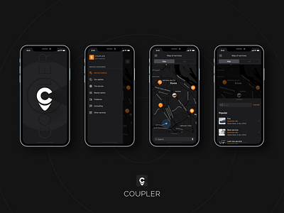 Coupler connect – marketplace of services. IOS app (night mode) app app design figma ios app map map app marketplace marketplace app marketplace of services night mode search app ui design