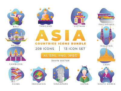 Asia Countries Icons Bundle asia asian asian food bali bundle china freepik great wall icon icon bundle japan korea korean sate singapore thailand ui ux vector vectors