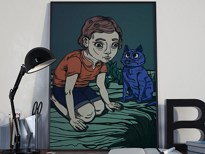 Curiosity cat drawing girl illustration poster print