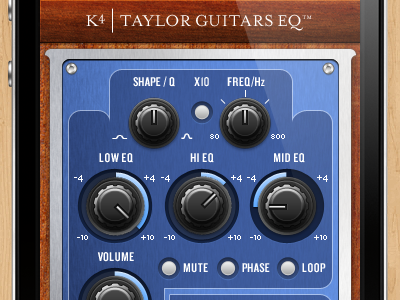 Taylor Guitars K4 EQ iphone app 3d app blue brown buttons eq guitar iphone knobs metal mobile mobile app mobile interface preamp wood