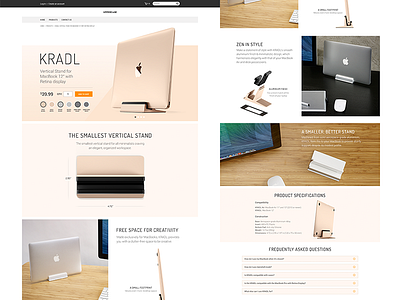 Kradl product landing page clean e commerce flat landing page macbook product stand ui website