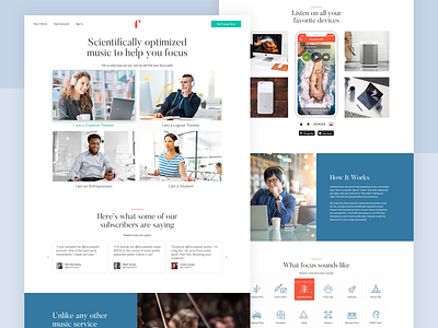 Focus at Will Music Homepage redesign app clean flat focus grid layout homepage design icon design iphone landing page minimal mobile app music music app music service product ui design ux design web design white background
