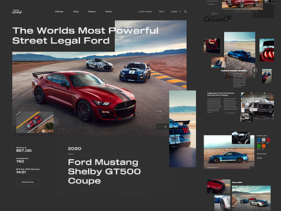 Ford Mustang Shelby GT500 automotive car clean dark theme ford grid heritage homepage landing page landing page design minimal muscle car mustang transportation typography ui web web design website