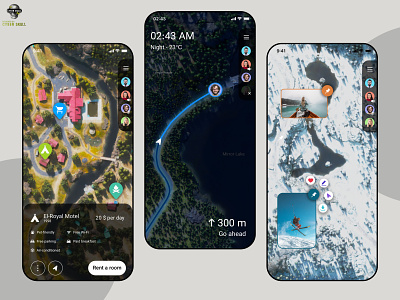 camp map ui design adventure awesome camp design friends hotel map menu mobile nature night photo route share skull snow social ui ux video