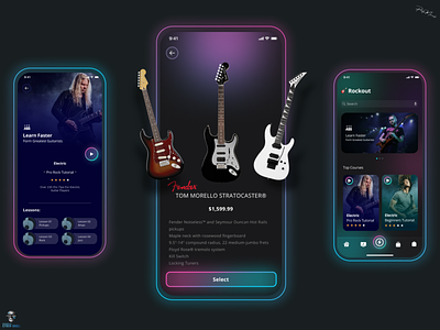 Guitar Mobile Application UI - UX Design 🎸 app awesome buy dark design ecommerce figma guitar learn lesson metal mobile neon rock shop sketch skull tutorial ui ux