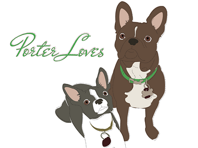 Porter Pups brown custom illustration french bull dogs gray green offset photography web design