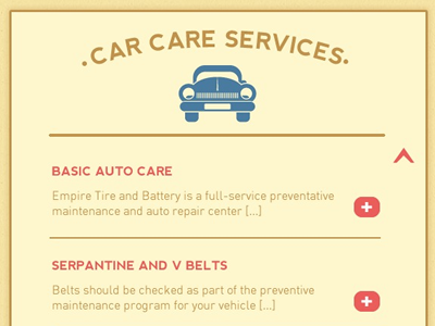 Empire Tire & Battery Service List auto blue car menu paper red retro service list texture web design wordpress yellow