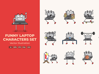 Funny Laptop Characters Set business businessman cartoon character design flat funny icon illustration isolated laptop man modern office people professional set smile vector young