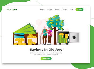 Savings In Old Age - Landing Page Template. Cartoon Vector Illus account aged cartoon character concept elderly grandparent illustration insurance landing money old page pension people person retirement senior template vector
