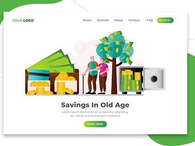 Savings In Old Age - Landing Page Template. Cartoon Vector Illus account aged cartoon character concept elderly grandparent illustration insurance landing money old page pension people person retirement senior template vector