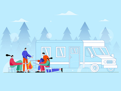 Family Camping Together In Forest - Vector Illustration