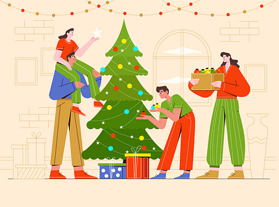 Family Decorates a Christmas Tree - Vector Illustration character christmas party creative family illustration professional template ui ux vector