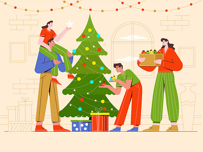 Family Decorates a Christmas Tree - Vector Illustration