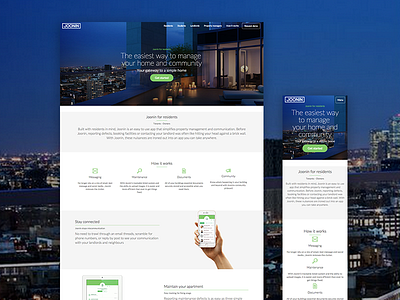 Residents landing page app branding design flat green hero landing minimal property ui web