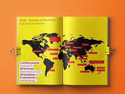 Women of the World festival programme brochure design feminism festival infographic maps print typography yellow