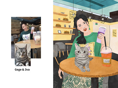 Gege&3va art cat coffee shop drawing freetime girl illustration love warm