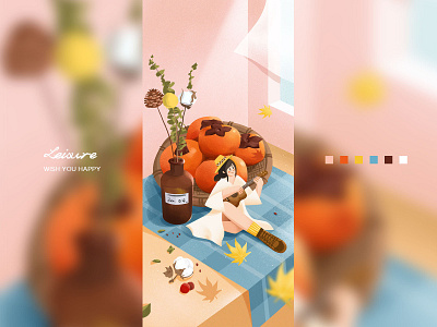 Leisure drawing enjoy freetime fruit girl gradients graphic illustration leaves light silence ukelele vase vintage wind