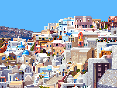 Oia, Santorini island 16bit 8bit enviroment greece illustration island landscape panorama pixel pixelart scenery summer