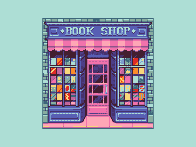 Bookshop architecture background bookshop cute art enviroment game design gaming illustraion mobiile game pixel art pixel illustration teal