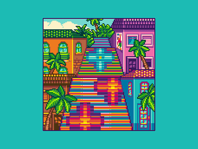 Colorful Stairs 16bit architecture background colorful colourful enviroment game art game design gaming illustration palms pixel art pixel buildings pixel stairs pixelart rio