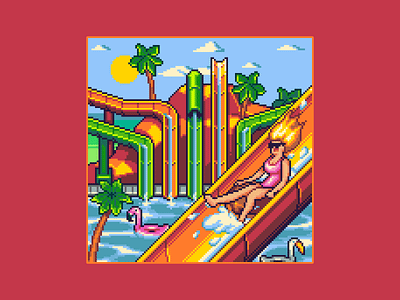 Fun at Waterpark 16bit amusement park architecture background enviroment flamingo game art game design gaming illustration palmtree pixel art pixel waterpark pixelart waterpark waterslide