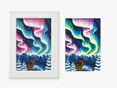 Aurora Borealis 16bit aurora aurora borealis cross stitch deer embroidery enviroment game art game design graphic design illustration mountains nature northen lights pixel art pixelart polar sky snow