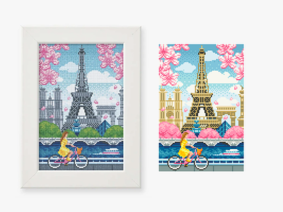 Paris 16bit bike blossom city crossstitch eiffel eiffeltower embroidery enviroment france game art game design illustration paris pixel art pixelart river riverbank romantic seine