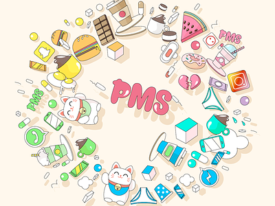 Keep calm and PMS on.. character colour cute food geometry illustration lucky cat pastel pastel color pms
