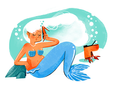 Mermaid incoming call blue children crab design girl illustration landing page mermaid ocean ocean life red shoes sea sea shell shell shoes sirene underwater water white hair woman