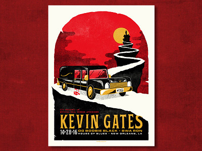 Kevin Gates ahco evil gig poster haunted house hearse illustration screen print spooky tombstone
