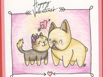 Valentines adam hanson arrows bulldog cat color pencils cute design dog drawing french heart illustration kitty