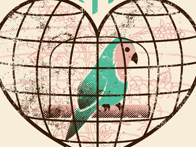 Can't Steal Your Heart Away adam hanson bird cage design flowers illustration lovebird merch t shirt texture vector vintage