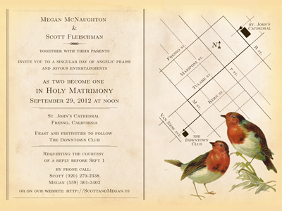 Vintage Wedding invites bird map print type vintage