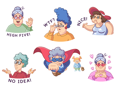 Silver Volunteers 2d cartoon character characterdesign granny grandmother stickers illustration