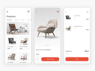 Furniture App - Personal Project add addtocart app armchair buy ecommerce furniture interaction mobile mobile app photoshop product productdesign sketch uidesign uidesigns uxdesign
