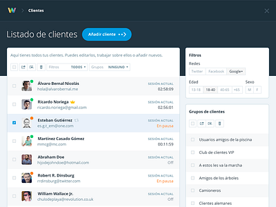 Wibee (web) – clients list admin administration avatar client profile sidebar timeline user wibee