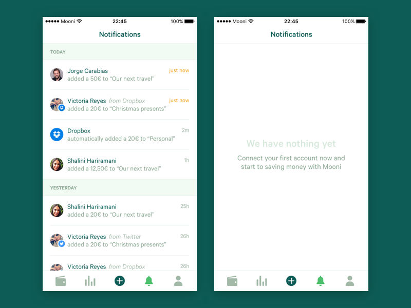 Mooni – Notifications bank accounts bank account iphone ios dollars euros money save money savings fintech bank mooni