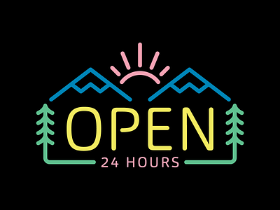Open 24 Hours 24 hours earth day illustration line art monoline mountain nature neon open outdoor outside peak pine pine tree sign sun