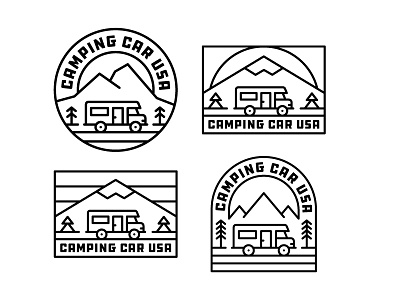 RV Logo badge camping car home line logo mobile monoline mountain pine pine tree road rv sun tourist usa