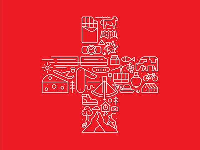 Switzerland bells chalet cheese chocolate clock cow cross crossbow cuckoo edelweiss flag icon line art matterhorn sausage swiss swiss knife switzerland train watch