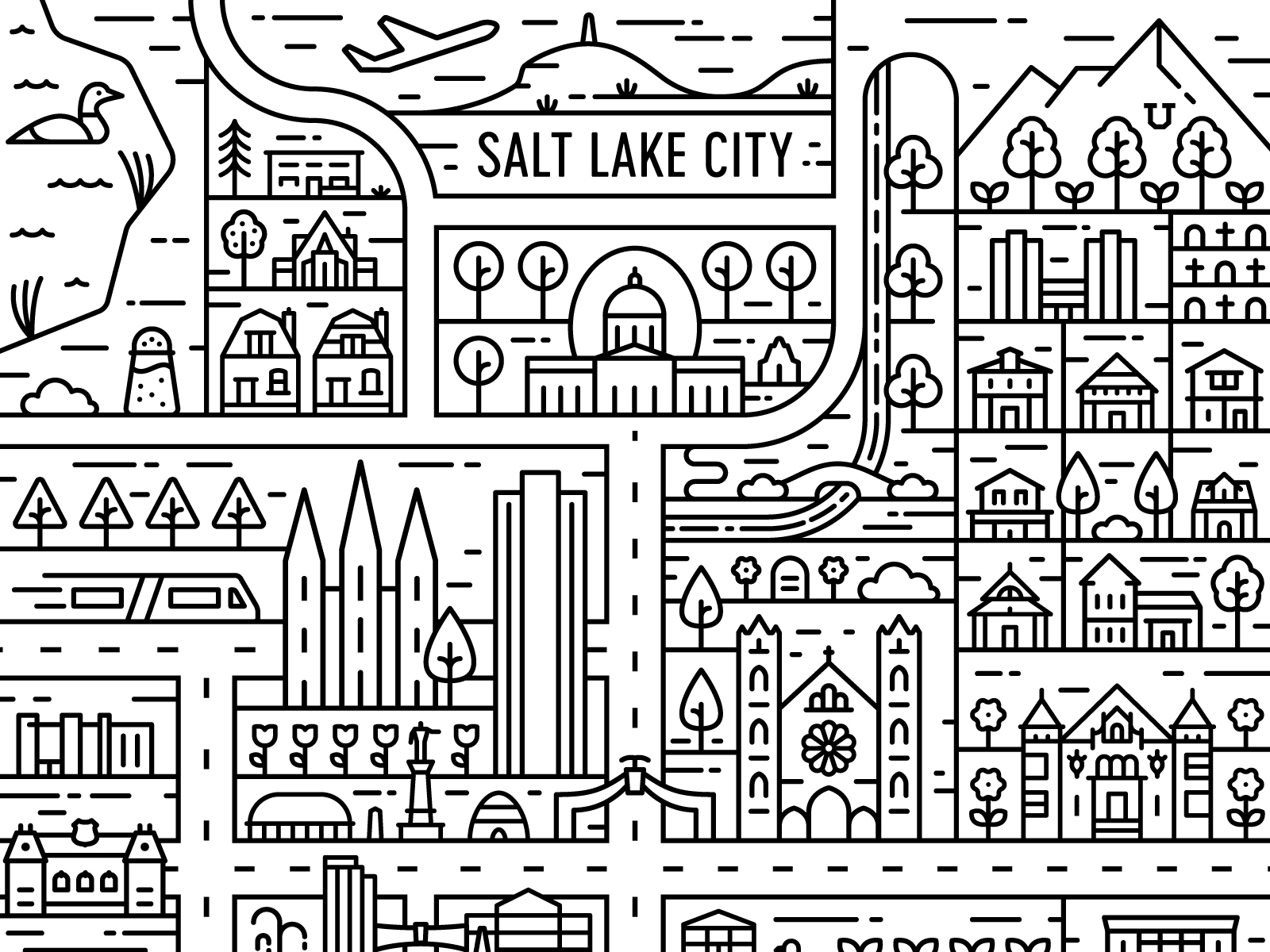 Salt Lake City Map beehive city downtown illustrated map illustration map monoline salt lake salt lake city temple utah