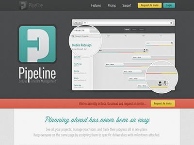 Pipeline Homepage app beta branding homepage invite landing page marketing homepage pipeline project management ui web app