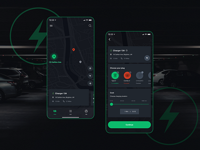 EV Charging App Concept concept dark mode dark theme design design concept ecology electric car figma ui ui ux ui ux design uidesign uiux uiuxdesign