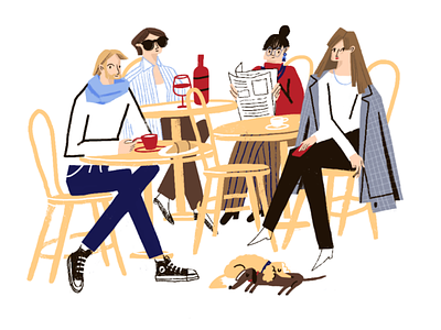 French stare character coffeetime crowd digitalillustration dog french girl illustration lifestyle parisstyle paristerrace people weekendmood wine