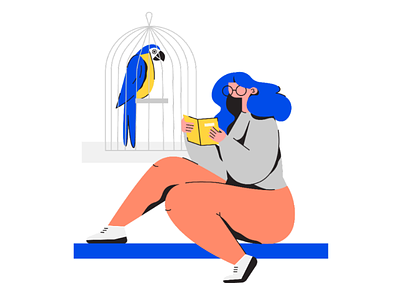 Booklover bodypositive flat girl parrot reading vector graphics