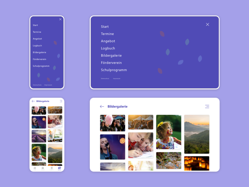 Elementary School Webapp / Menu & Gallery app bitbithooray design elementary school gallery kids learning menu minimal mobile mobile first purple responsive school ux webapp